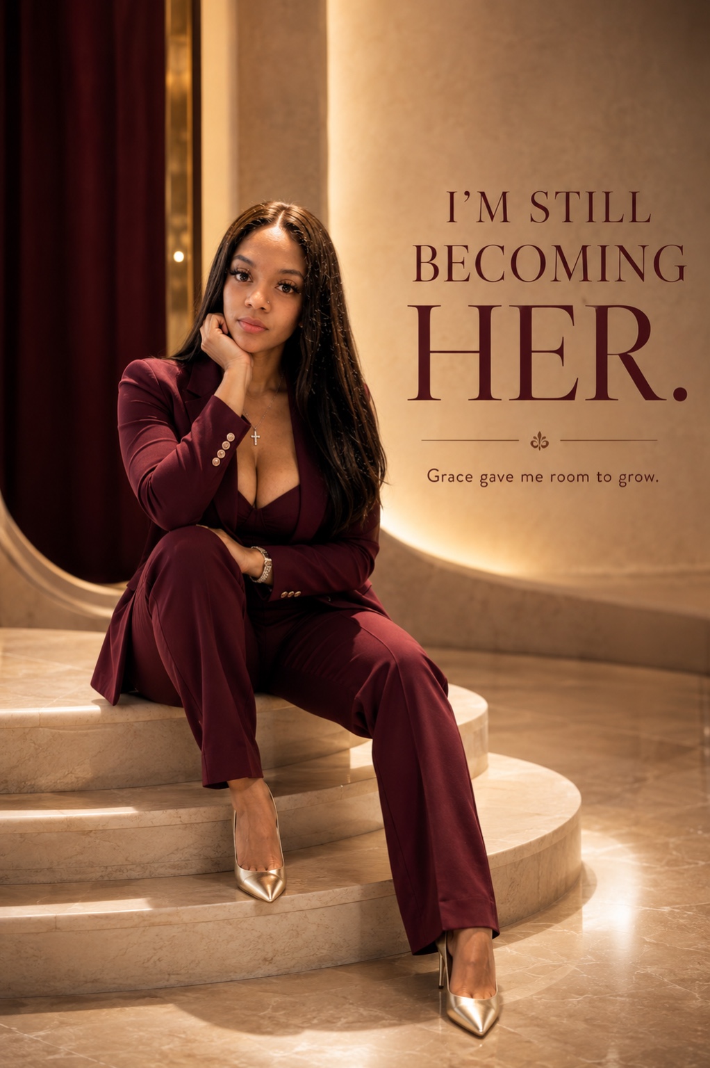 Bre in a burgundy suit. I’M STILL BECOMING HER. Grace gave me room to grow.